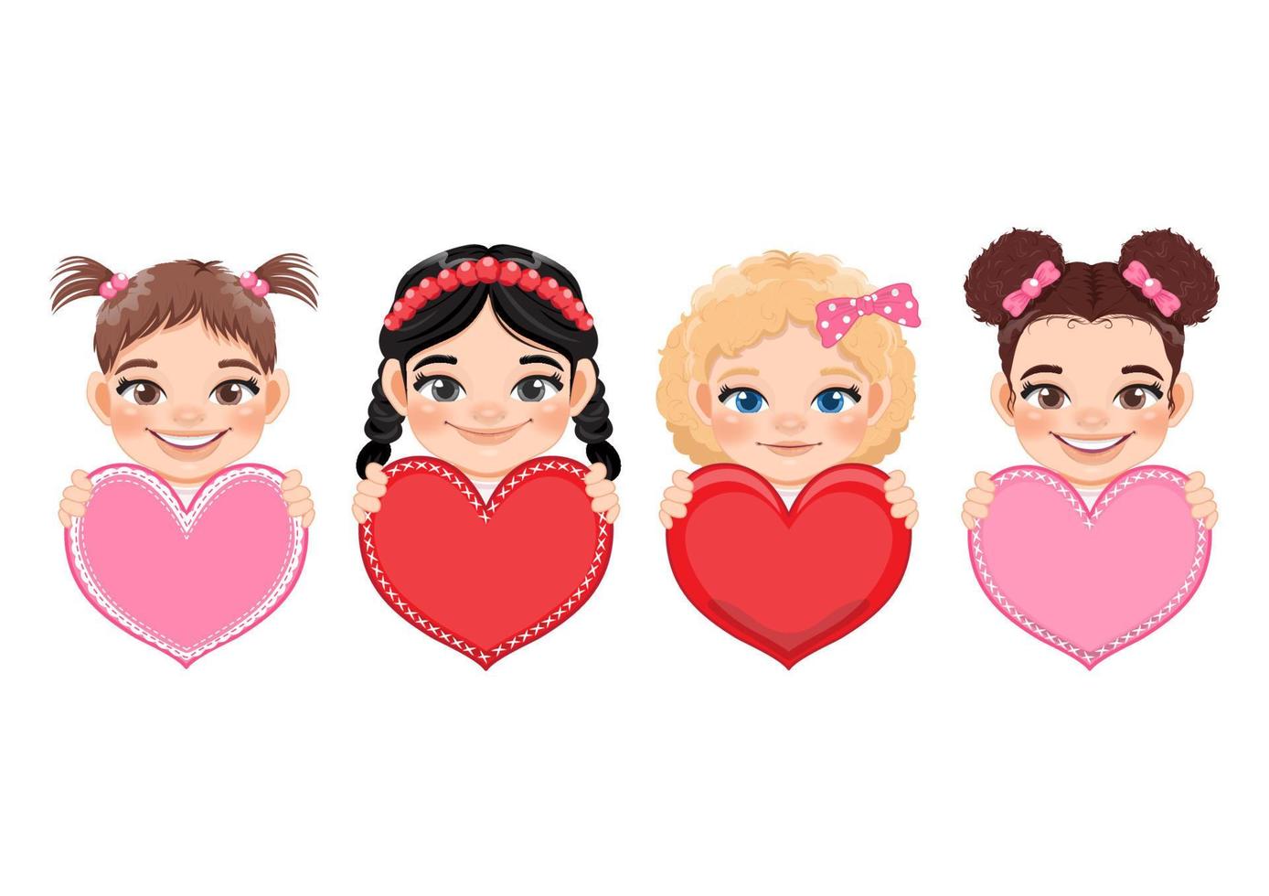 Collection of Cute little Girls Holding Red and Pink Hearts, Happy Kids Celebrating Valentine s Day Vector Illustration