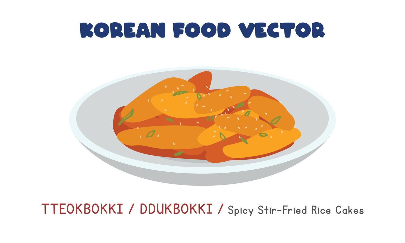 Korean Tteokbokki or Ddukbokki - Spicy Stir-fried Rice Cakes flat vector  design illustration, clipart cartoon style. Asian food. Korean cuisine. Korean food