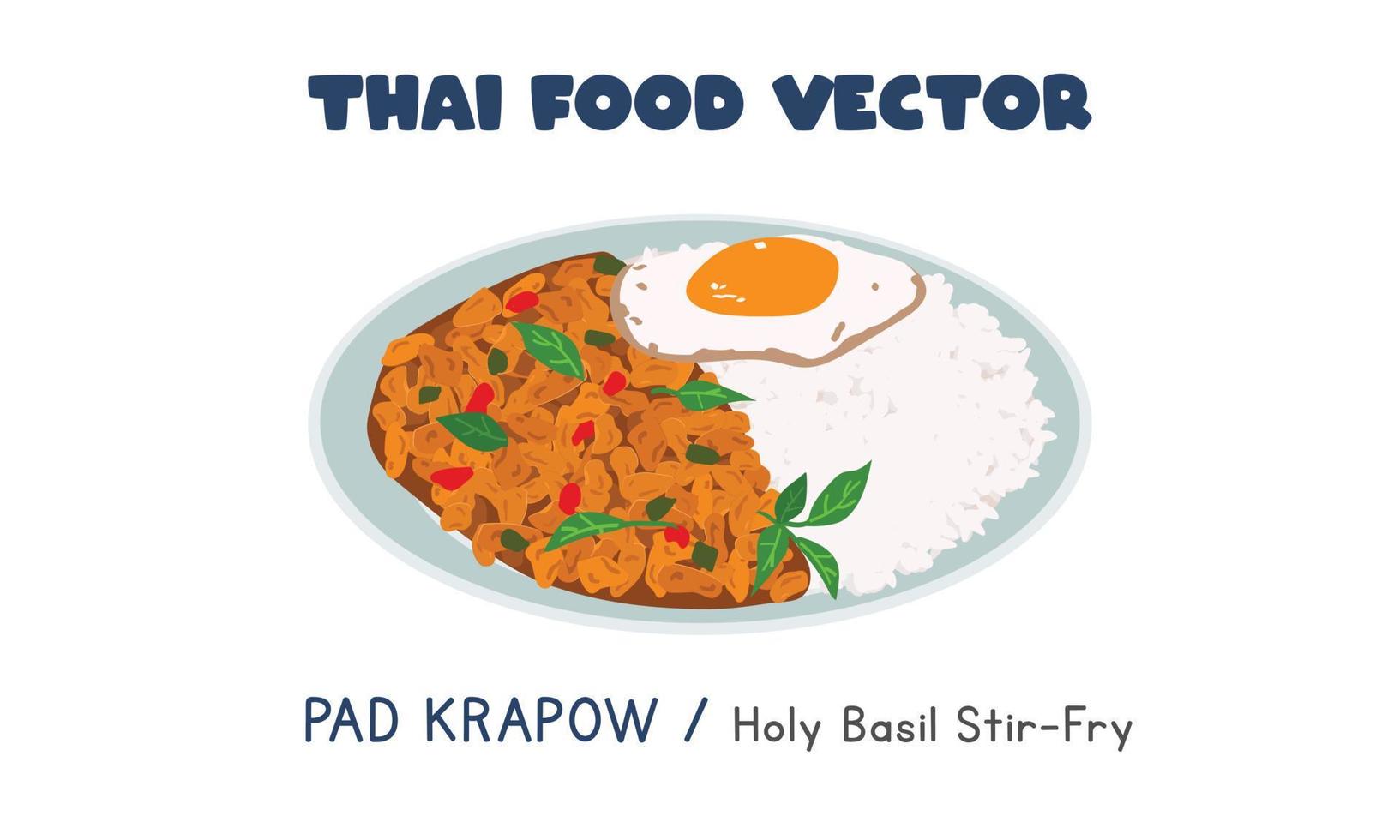 thai pad krapow gai - diseño de vector plano salteado de pollo con albahaca sagrada tailandesa, estilo de dibujos animados de imágenes prediseñadas. comida asiática. cocina tailandesa. comida local tailandesa