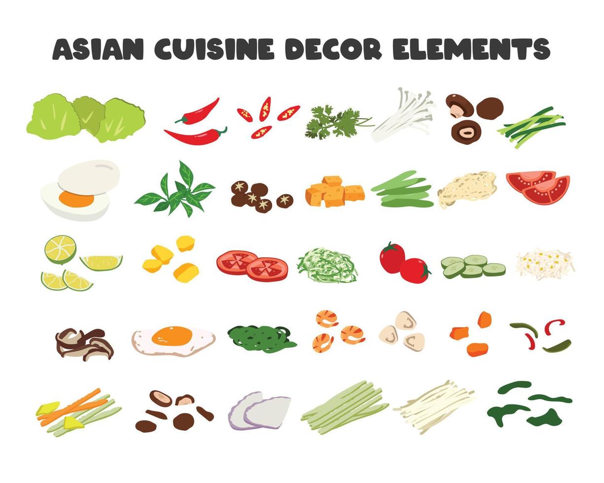 Set of Asian Food decor elements vector design clipart. Chili, vegetables, carrot, mushroom, lemon, tomato, egg, potato, enoki mushroom, tofu