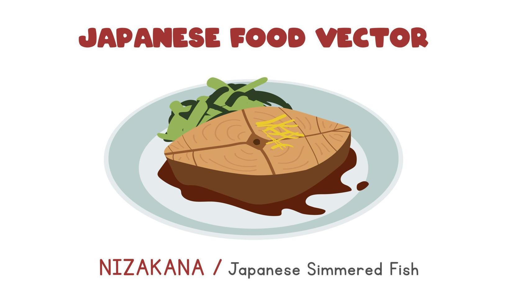 Japanese Nizakana - Japanese Simmered Fish flat vector design illustration, clipart cartoon style. Asian food. Japanese cuisine. Japanese food