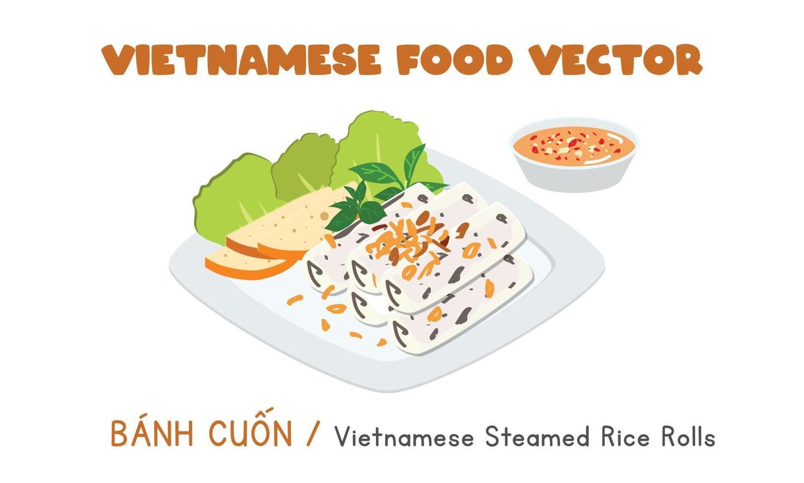 Vietnamese Banh Cuon - steamed rice rolls with minced pork flat vector design, clipart cartoon style. Asian food. Vietnamese cuisine. Vietnamese tasty street food