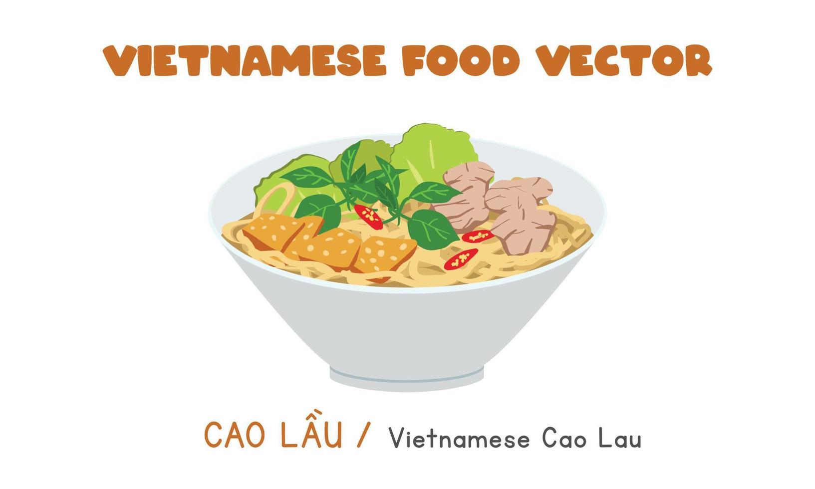 Vietnamese Cao Lau noodles with pork and vegetables flat vector design. Cao Lau clipart cartoon style. Asian food. Vietnamese cuisine
