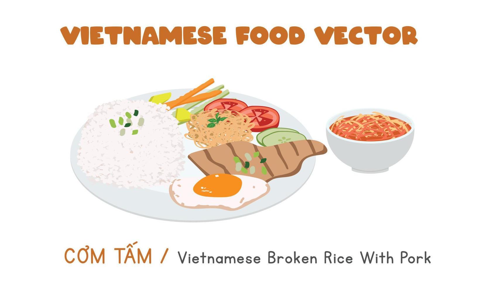 Vietnamese broken rice with grilled pork, egg, and fresh vegetables flat vector design. Com Tam clipart cartoon style. Asian food. Vietnamese cuisine