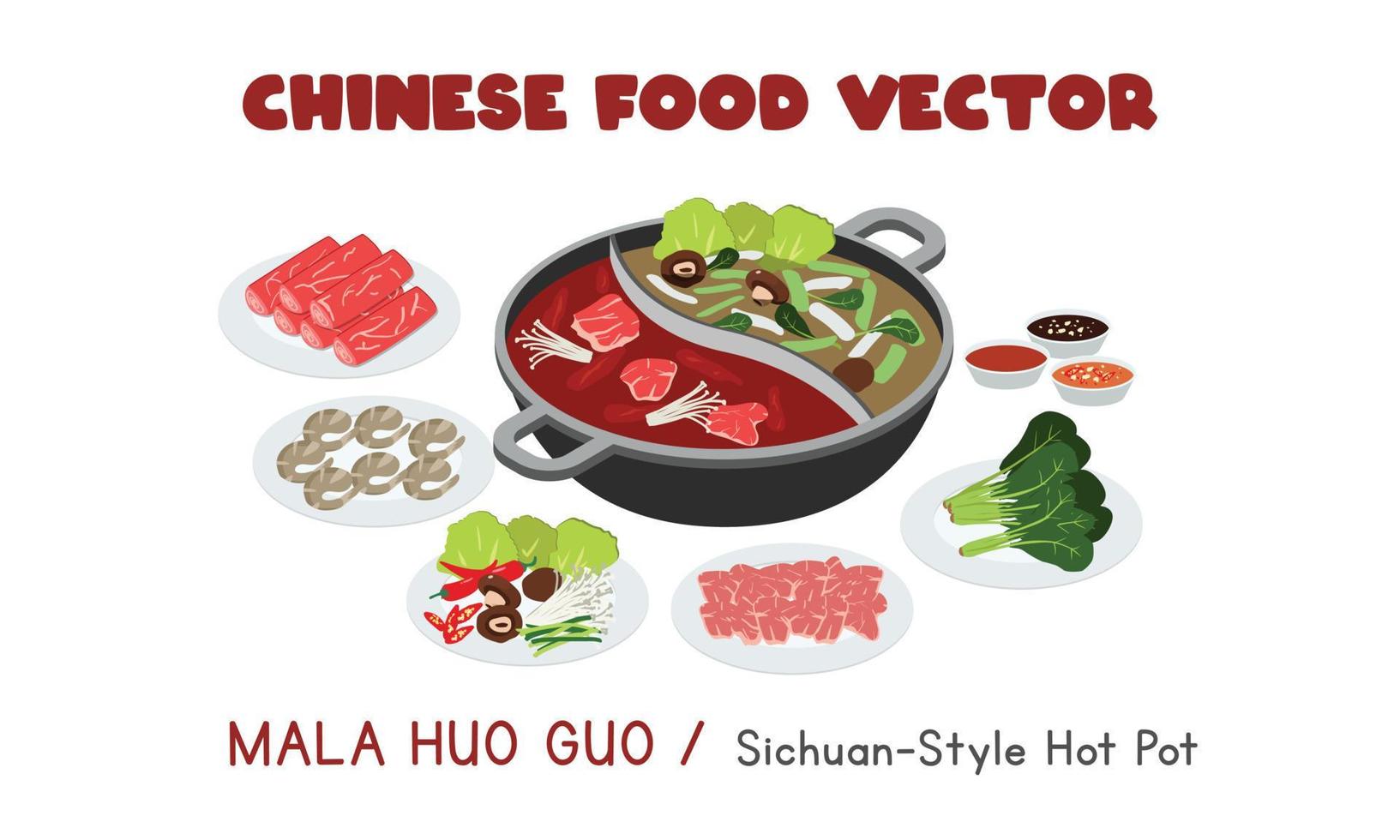 Chinese Mala Huo Guo - Sichuan-style Hot Pot flat vector design illustration, clipart cartoon style. Asian food. Chinese cuisine. Chinese food