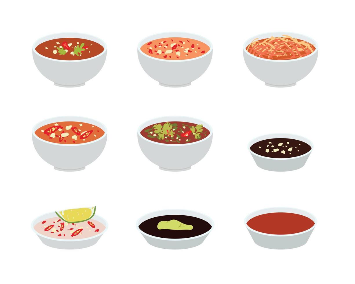 Set of dipping sauce with chili, garlic, salt, soy, mustard flat vector design illustration. Fish sauce clipart. Asian food. Asian cuisine