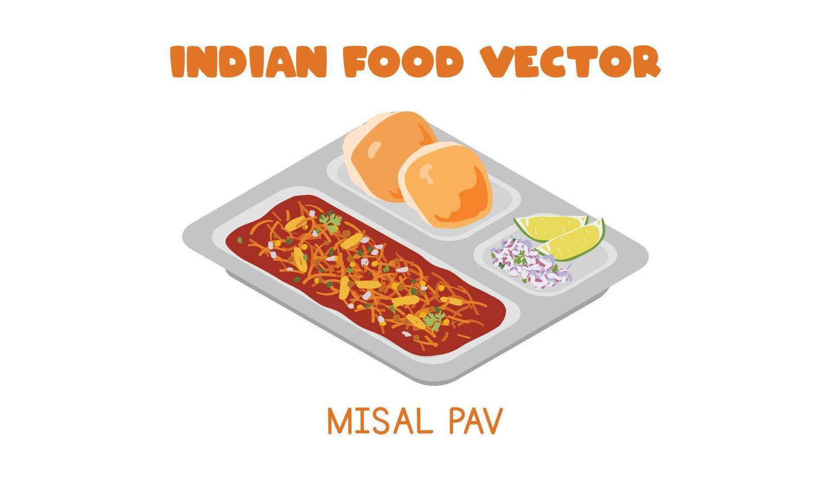 Indian Misal Pav spicy curry topped with farsan, onion, lemon, and coriander flat vector illustration, clipart cartoon style. Asian food. Indian cuisine. Indian food