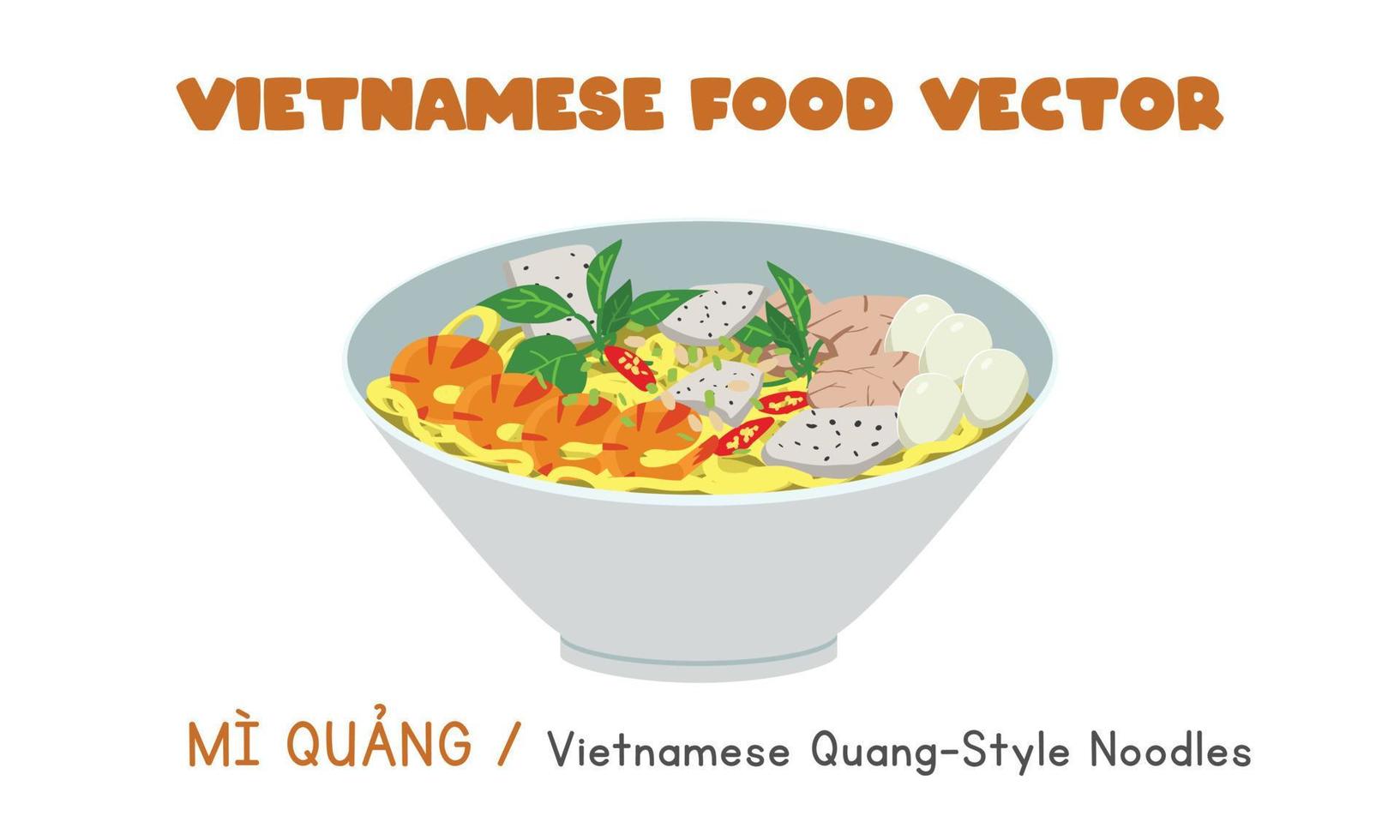 Vietnamese Quang-style noodles flat vector design. Mi Quang clipart cartoons style. Asian food. Vietnamese cuisine