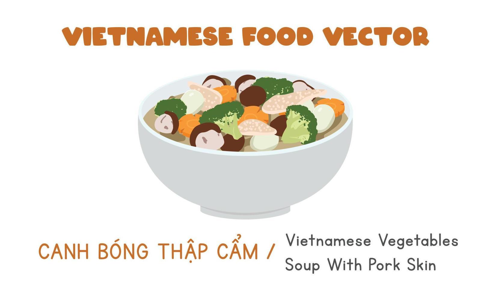 Vietnamese vegetables soup with dried pork skin, broccoli, carrot flat vector design, clipart cartoon style. Asian food. Vietnamese cuisine. Vietnam Lunar New Year traditional food llustration