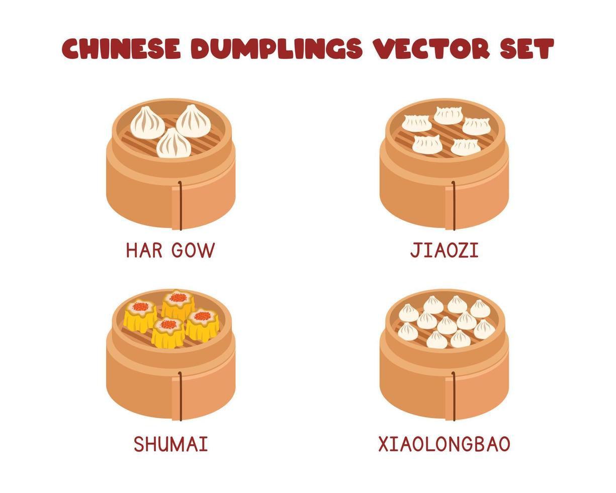 conjunto de albóndigas chinas en ilustración de diseño de vector de vapor de bambú, estilo de dibujos animados de imágenes prediseñadas. har gow, dim sum, jiaozi, xiaolongbao. comida asiática