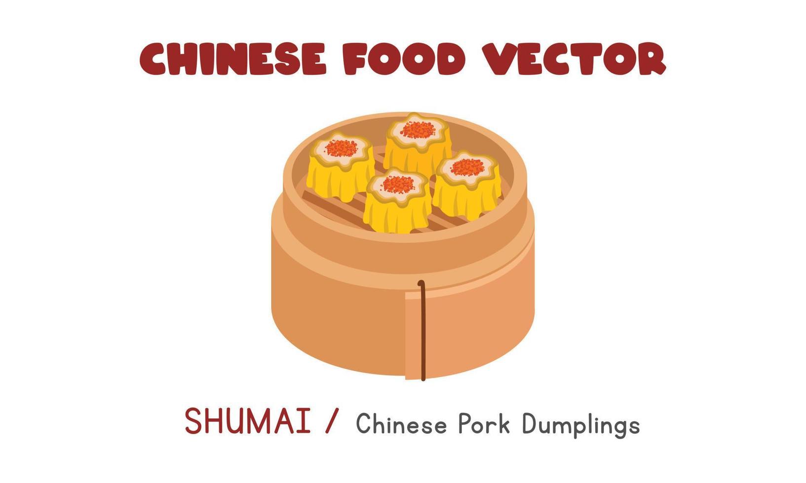 Chinese Shumai - Chinese Pork Dumplings in a bamboo steamer flat vector design illustration, clipart cartoon style. Asian food. Chinese cuisine. Chinese food