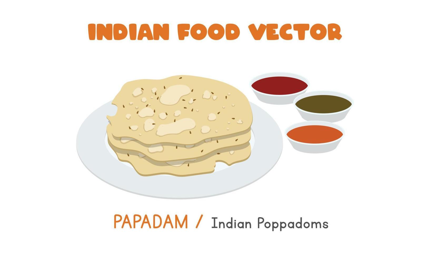 Indian Papadam - Indian Poppadoms with dipping sauce flat vector illustration isolated on white background. Indian crispy and crunchy poppadom clipart cartoon. Asian food. Indian cuisine. India food