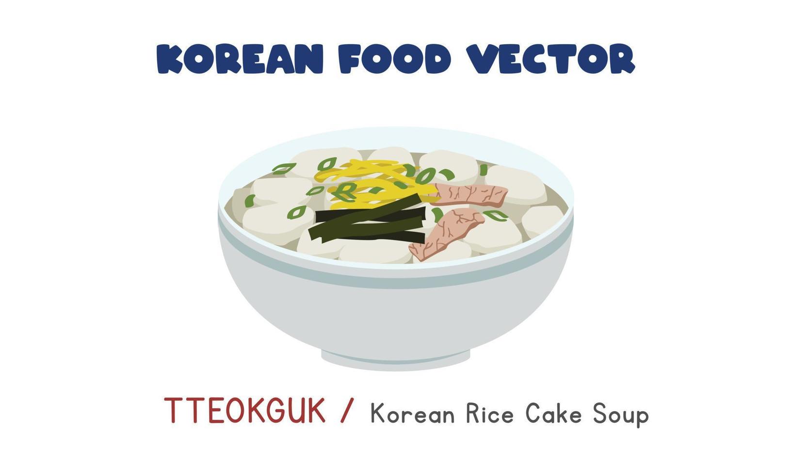 tteokguk coreano - ilustración de diseño de vector plano de sopa de pastel de arroz coreano, estilo de dibujos animados de imágenes prediseñadas. comida asiática. Cocina coreana. comida coreana de año nuevo