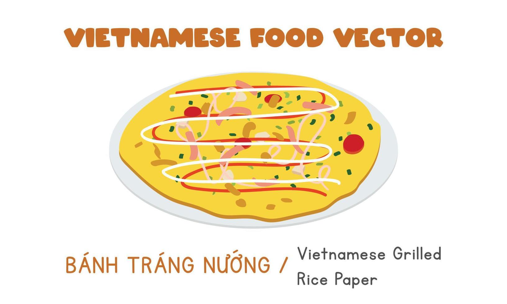 Vietnamese Banh Trang Nuong - grilled rice paper pizza flat vector design, clipart cartoon style. Asian food. Vietnamese cuisine. Vietnam food
