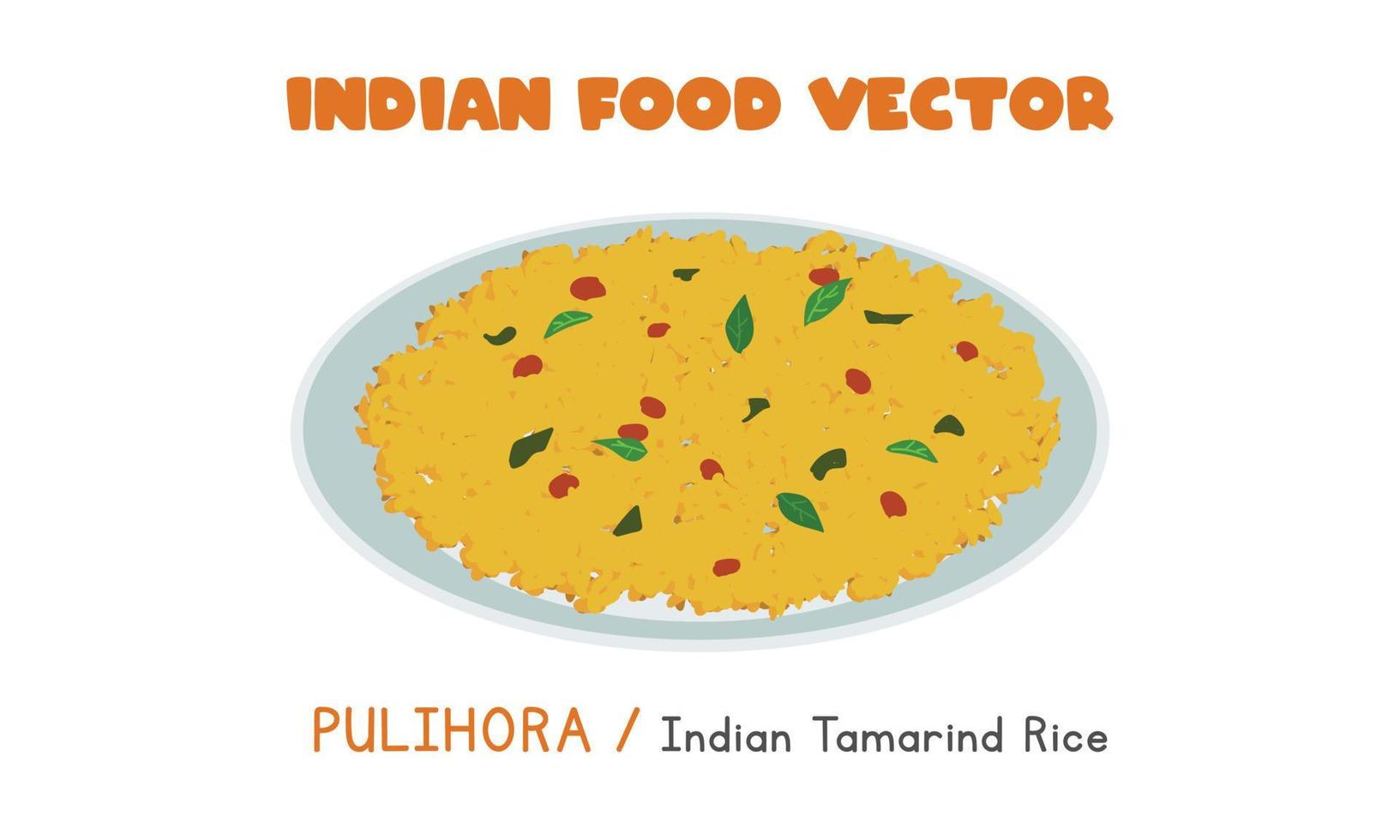 Indian Pulihora - Indian Tamarind Rice flat vector illustration isolated on white background. Pulihora clipart cartoon style. Asian food. Indian cuisine. Indian food