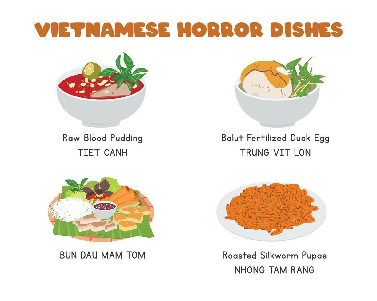 Set of Vietnamese horror food flat vector clipart. Raw blood pudding, balut fertilized duck egg, Bun Dau Mam Tom, roasted silkworm pupae. Asian food. Vietnamese cuisine. Horror dishes, scary food