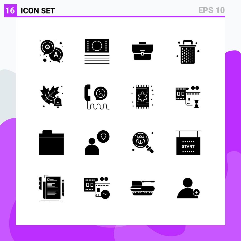 Mobile Interface Solid Glyph Set of 16 Pictograms of contact education suitcase autumn delete Editable Vector Design Elements