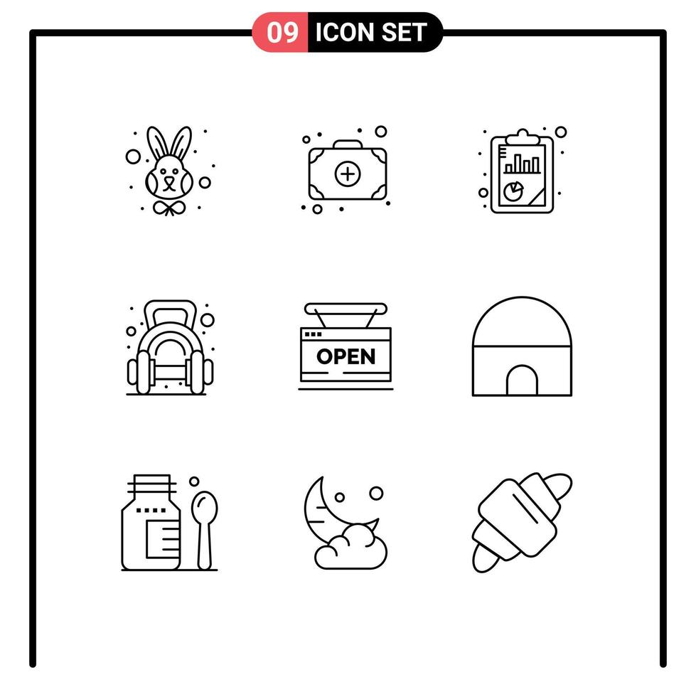 Group of 9 Modern Outlines Set for shop gym report dumbbell fitness Editable Vector Design Elements
