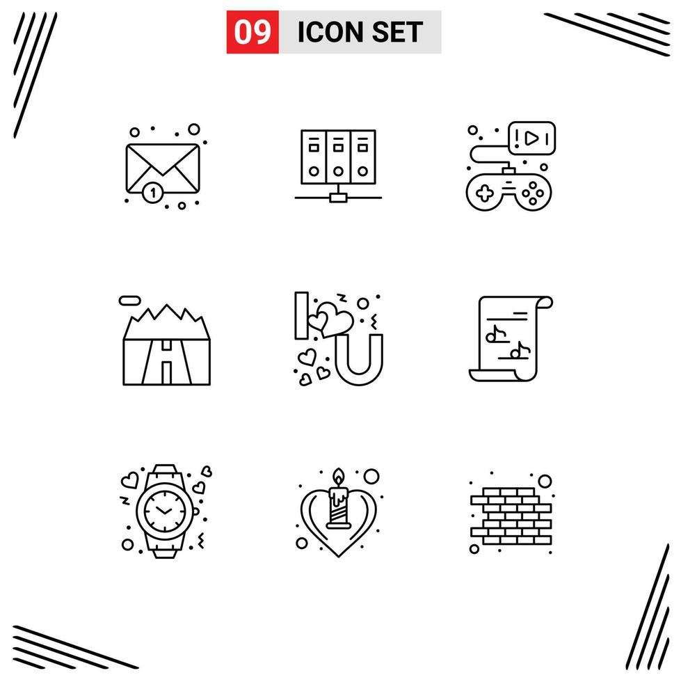 Group of 9 Outlines Signs and Symbols for love heart lettering game road mountains Editable Vector Design Elements