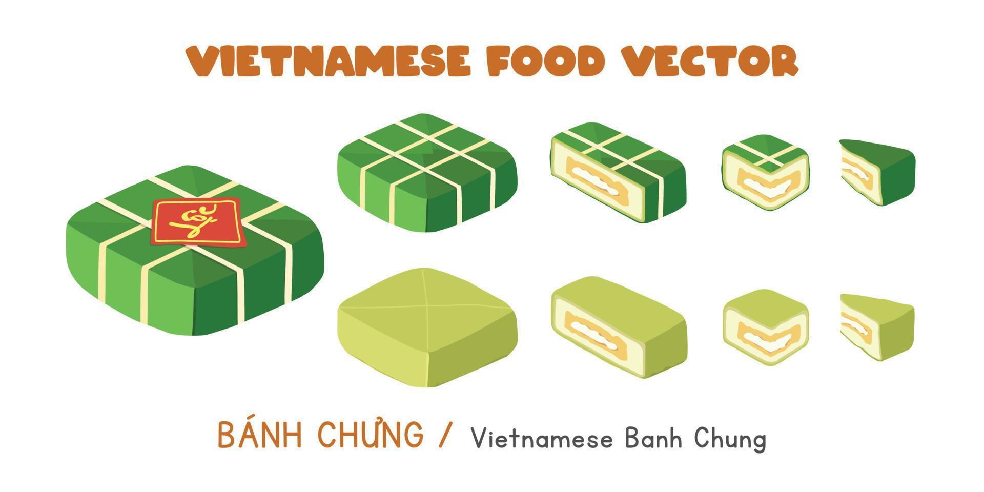 Set of whole, half, a quarter, cut slices of Vietnamese Banh Chung vector design illustration, clipart cartoon style. Asian food. Vietnamese cuisine. Vietnamese Lunar New Year traditional food