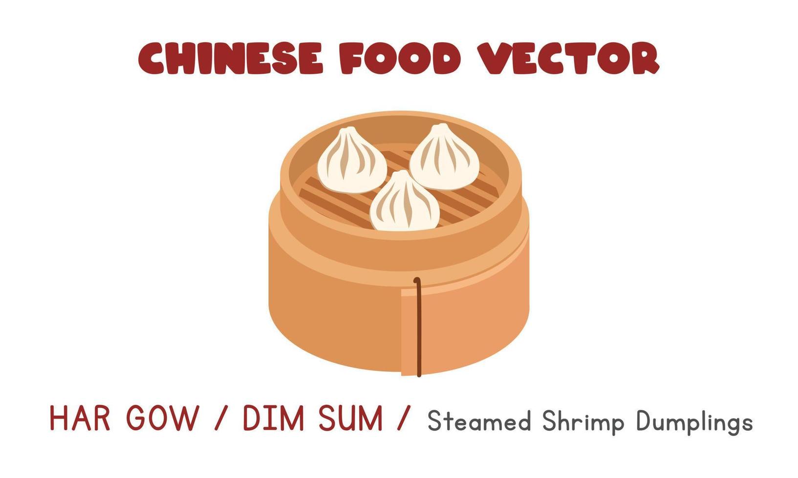 Chinese Har Gow or Dim Sum - Chinese Steamed Shrimp Dumplings in a bamboo steamer flat vector design illustration, clipart cartoon style. Asian food. Chinese cuisine. Chinese food