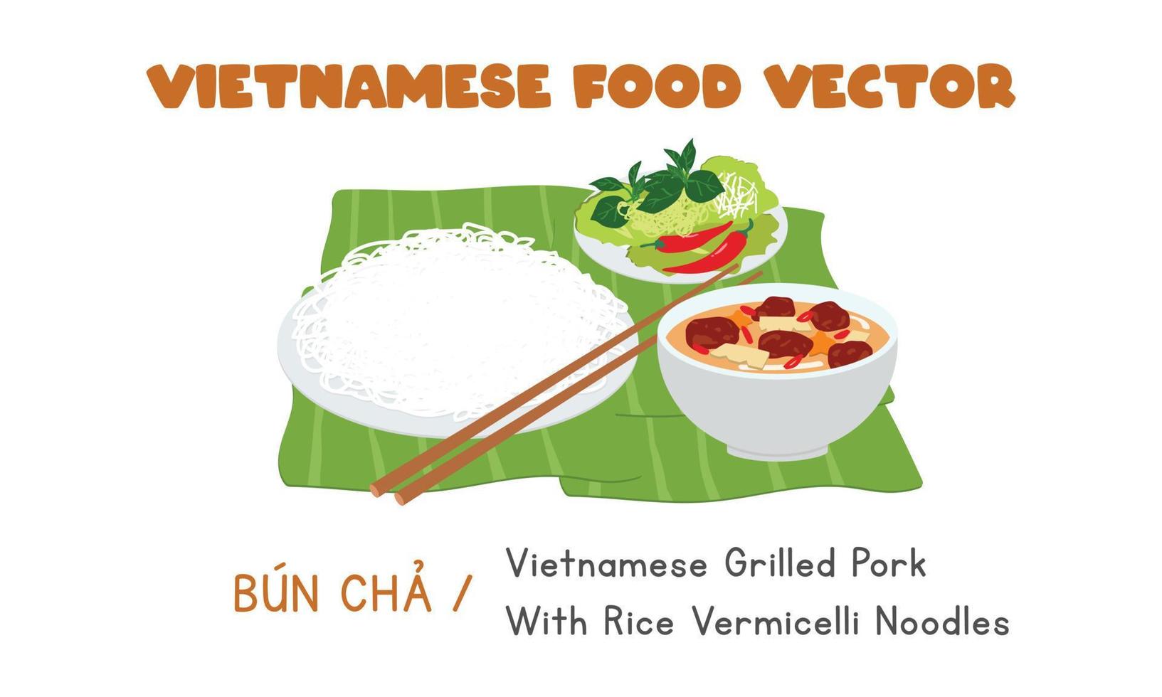 Vietnamese grilled pork with rice vermicelli noodles and herbs flat vector. Bun Cha Ha Noi clipart cartoon. Asian food. Vietnamese cuisine. Vietnam food vector