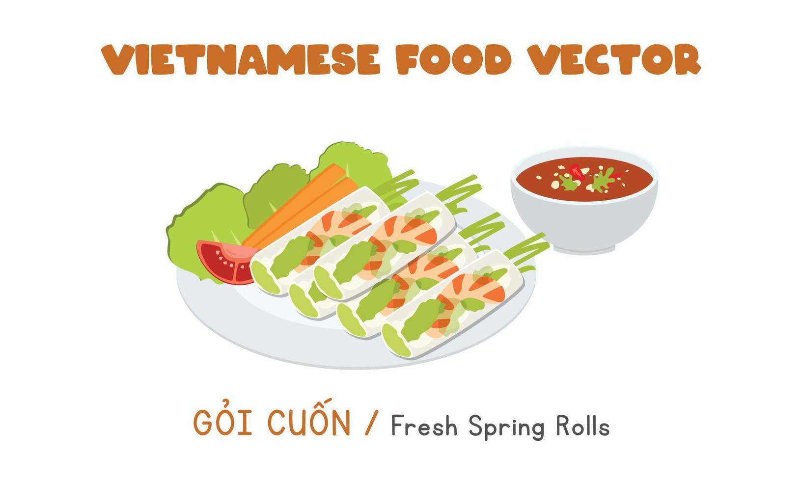 Vietnamese fresh spring rolls with shrimps, pork, vegetables flat vector design. Goi Cuon clipart cartoon style. Asian food. Vietnamese cuisine