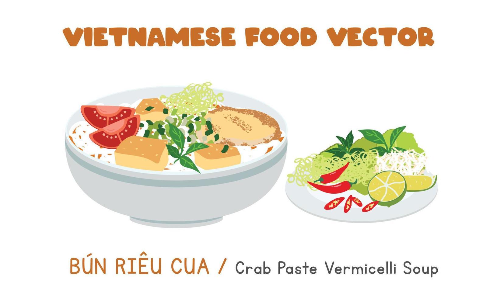 pasta de cangrejo vietnamita y fideos de tomate sopa de fideos de arroz diseño vectorial plano. bun rieu cua clipart estilo de dibujos animados. comida asiática. cocina vietnamita vector