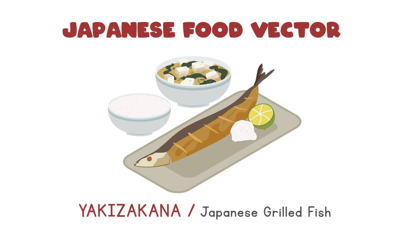 yakizakana japonés - pescado a la parrilla japonés con rábano daikon, tazón de arroz y sopa de miso ilustración de diseño de vector plano, estilo de dibujos animados de clipart. comida asiática. cocina japonesa. comida japonesa