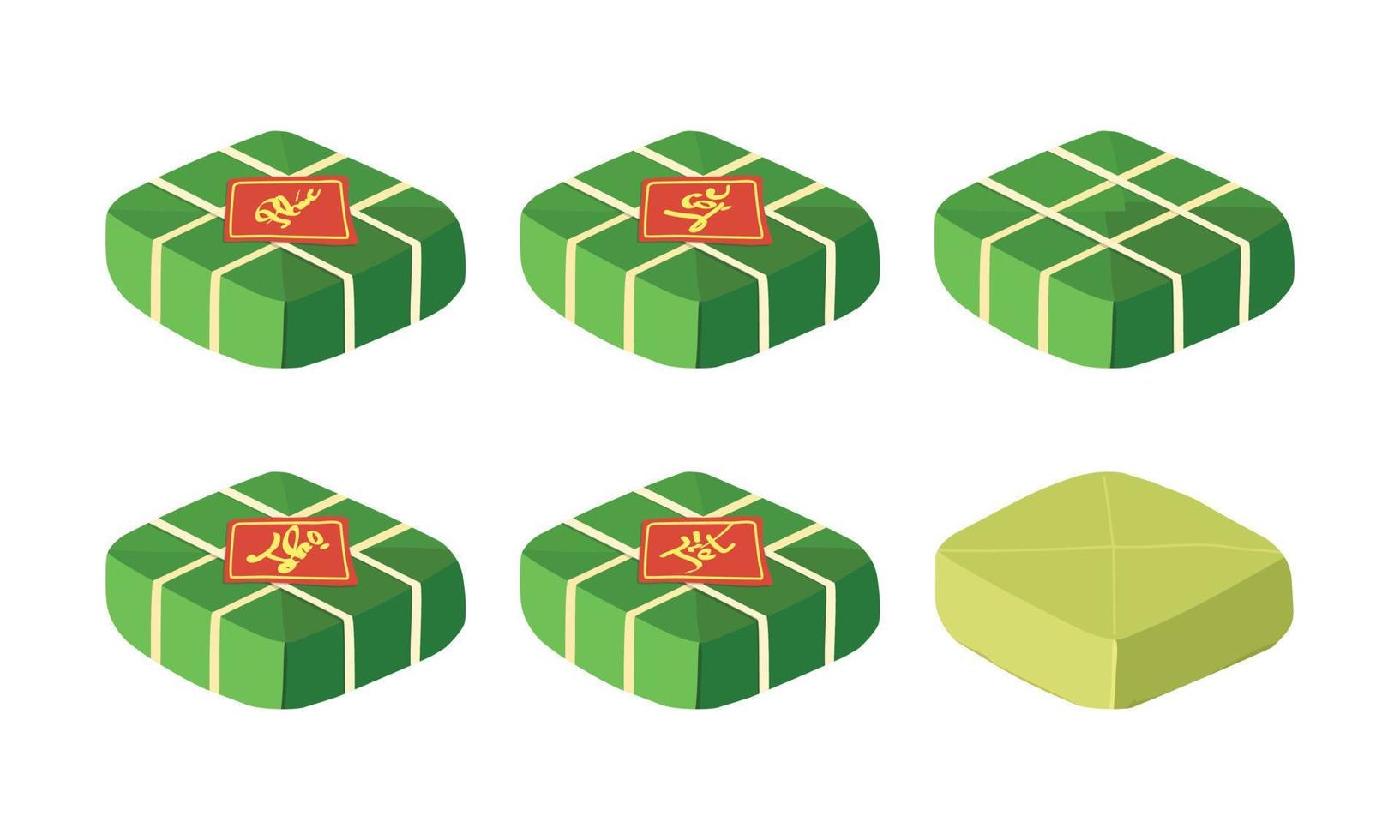 Vietnamese Banh Chung vector set. Banh Chung wrapped in green leaf with the red labels mean happiness, wealth and longevity. Asian food. Vietnamese cuisine. Vietnamese Lunar New Year traditional food