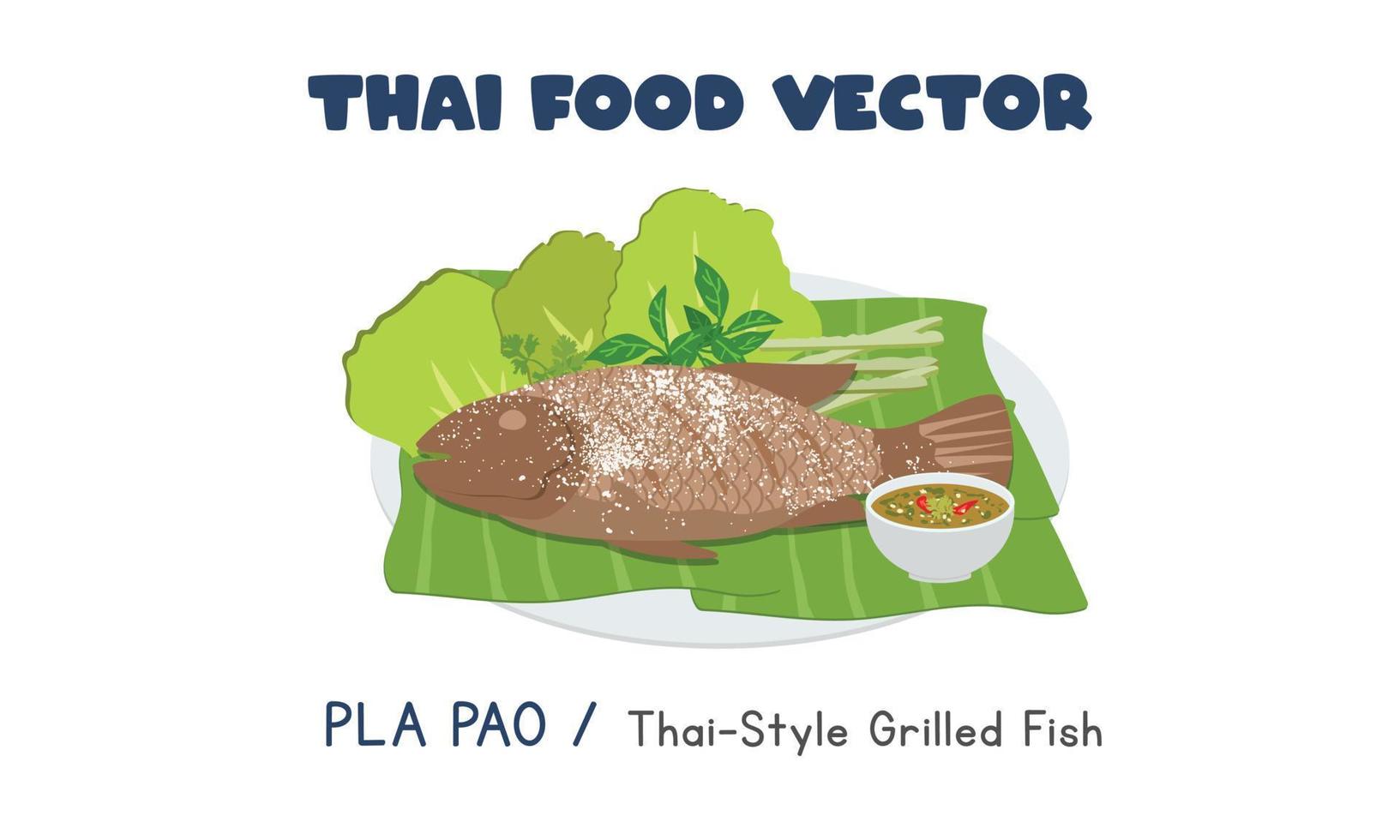 thai pla pao - estilo tailandés costra de sal pescado a la parrilla plano vector clipart dibujos animados. comida asiática. cocina tailandesa. comida local tailandesa