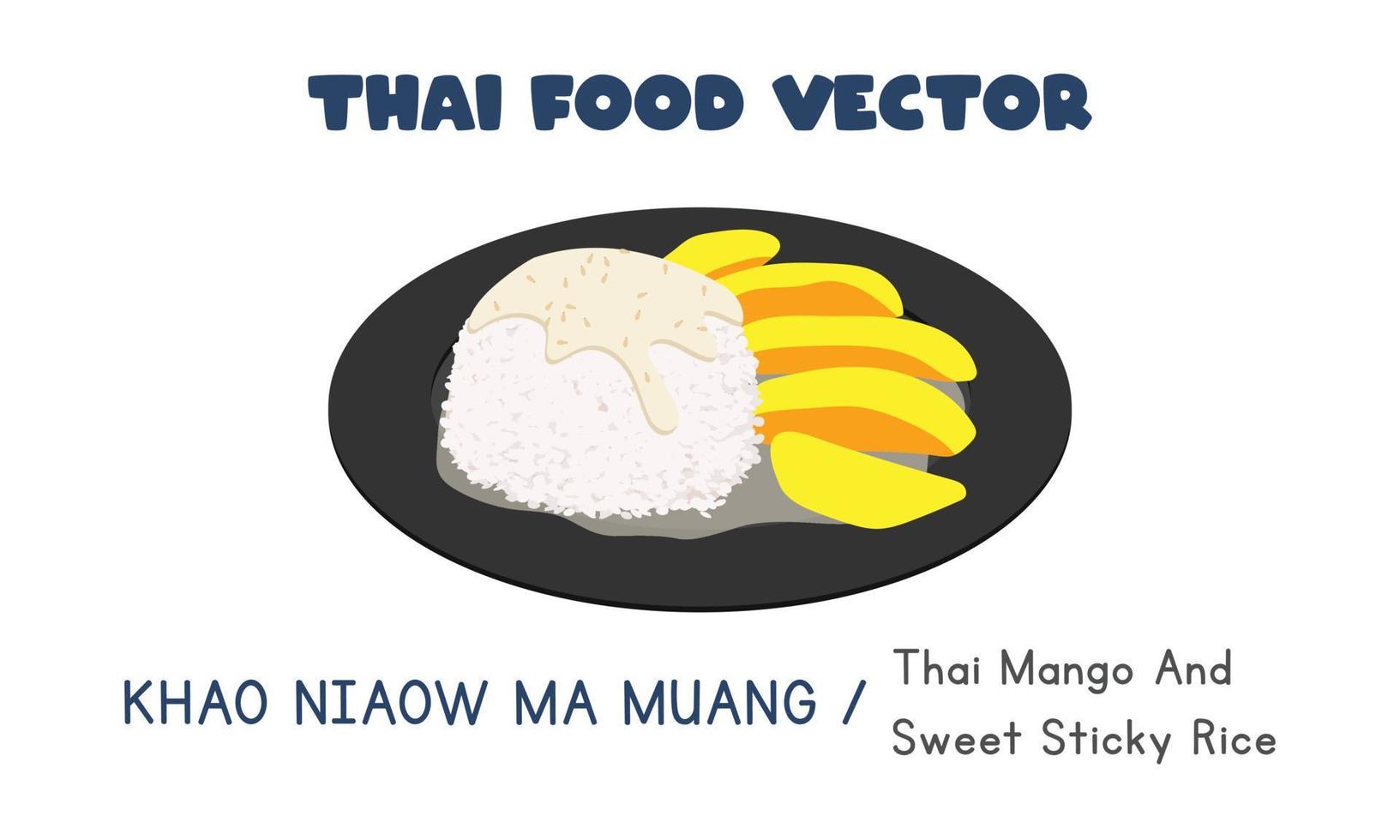 thai khao niaow ma muang - mango tailandés y arroz pegajoso dulce y leche de coco caricatura vectorial plana. comida asiática. cocina tailandesa. comida local tailandesa vector