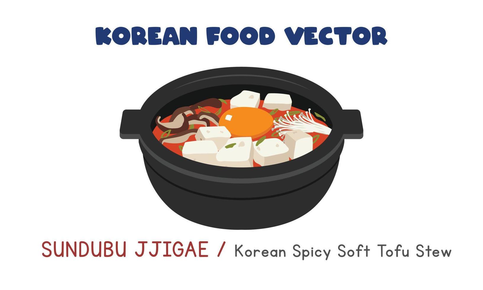 Korean Sundubu Jjigae - Korean spicy soft tofu stew flat vector design illustration, clipart cartoon style. Asian food. Korean cuisine. Korean food