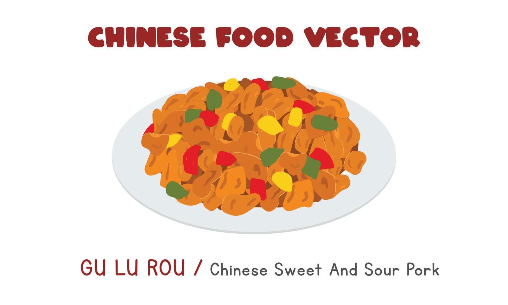 Chinese Gu Lu Rou - Sweet and sour pork flat vector design illustration, clipart cartoon style. Asian food. Chinese cuisine. Chinese food