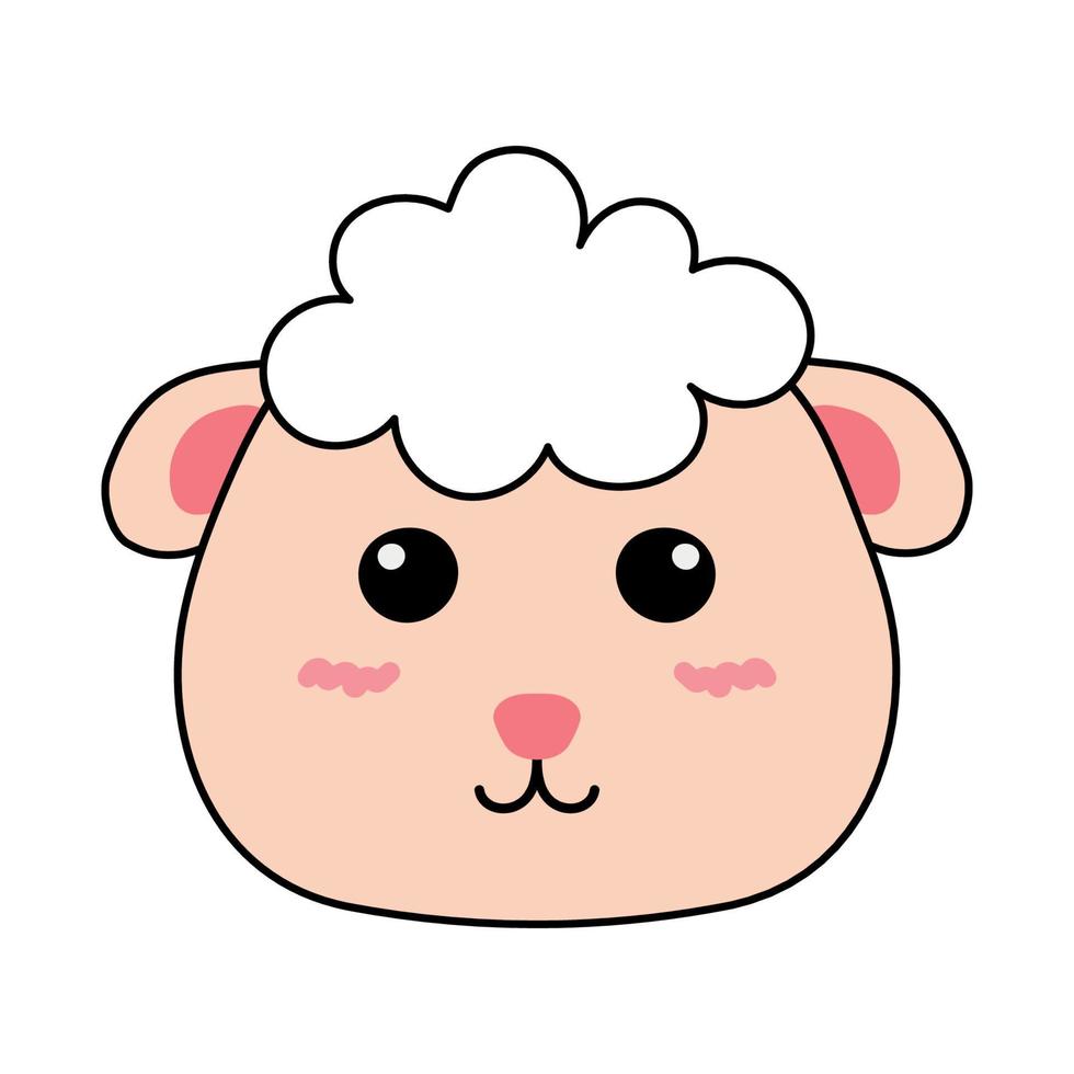Cute Sheep Head Farm Animal Character with Black Outline in Animated Cartoon Vector Illustration