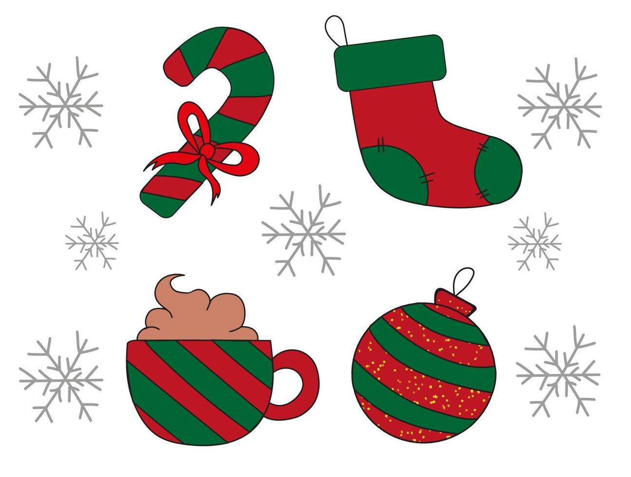 conjunto de iconos de atributos navideños. bastón de caramelo rojo y verde con cinta. calcetín de regalo. juguete del árbol de navidad. y taza de cacao o café con crema batida. vector
