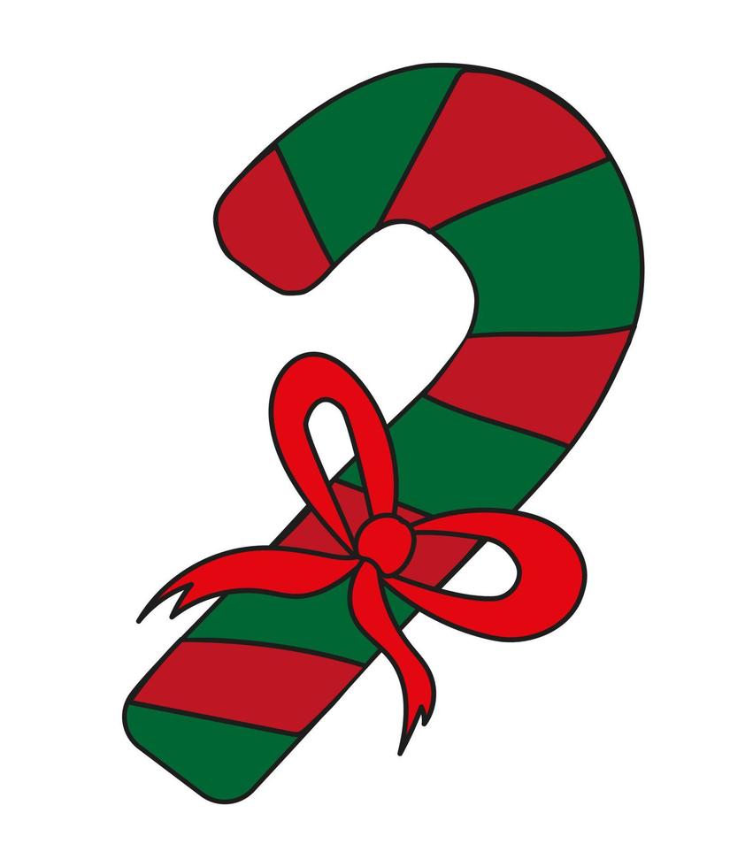 bastón de caramelo rayado de navidad con cinta roja. piruleta de navidad doodle.elemento gráfico. vacaciones de temporada de invierno. arte de ilustración vectorial vector