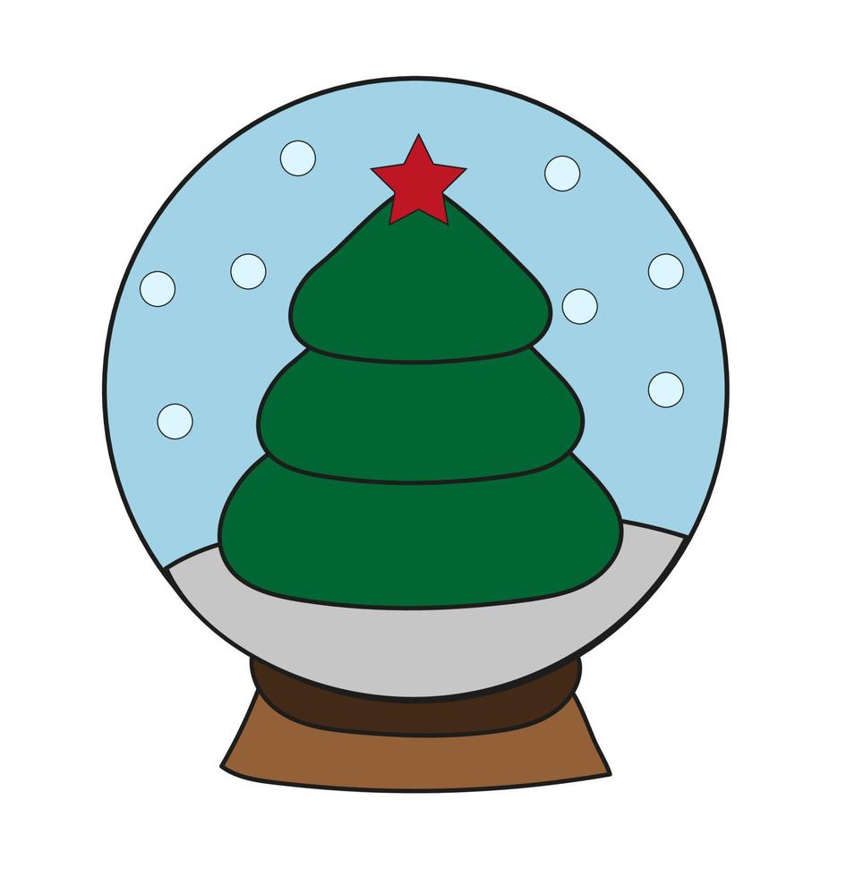 Christmas snow ball with tree and snowflakes. Vector illustration icon and sticker. Xmas decoration design. Holiday symbol.