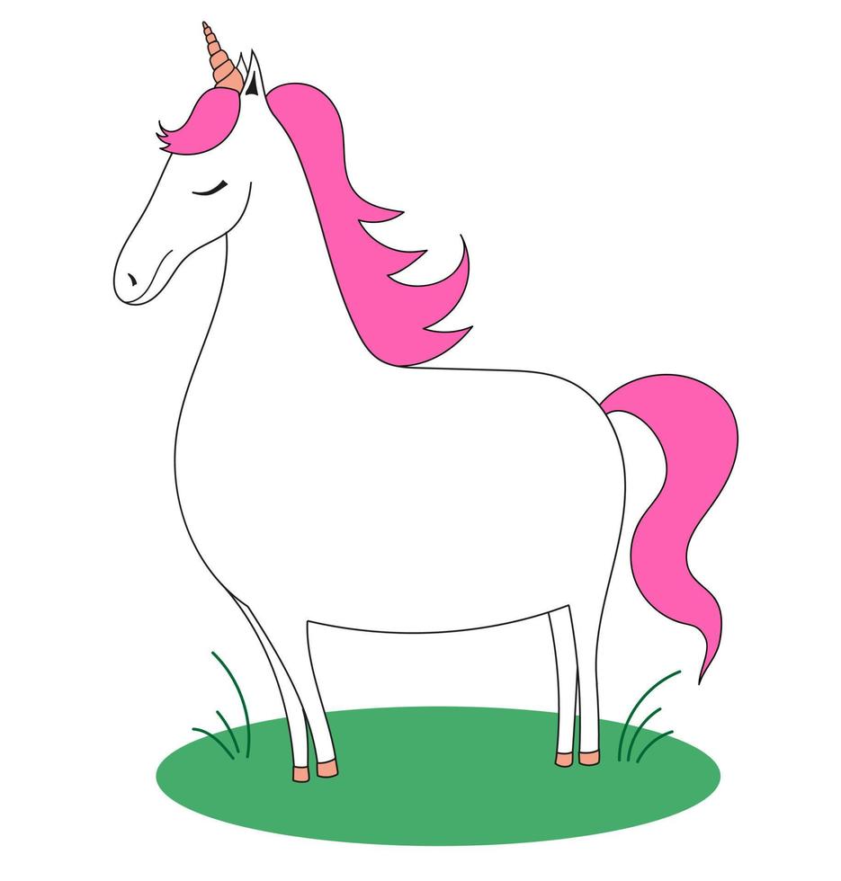 Unicorn with a pink mane on the grass. Doodle horse. Vector simple kid illustration.