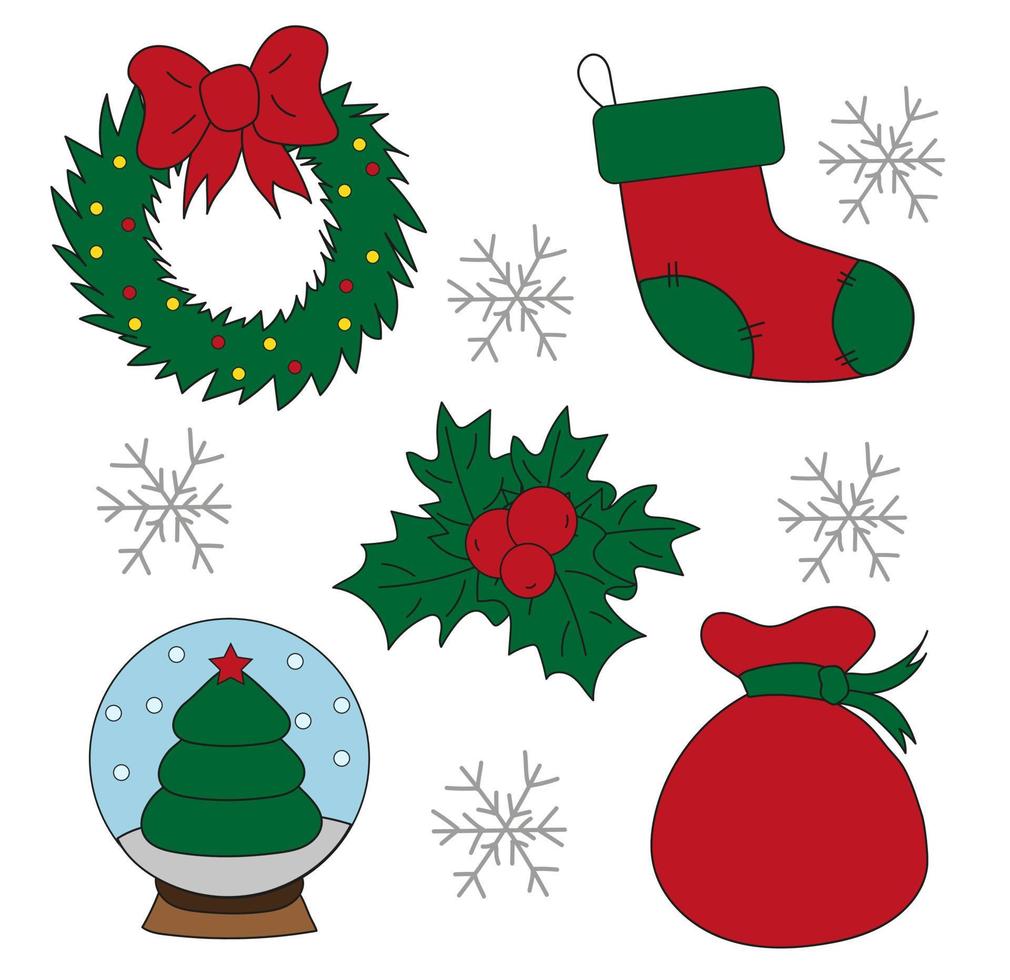 Set of Christmas attributes icons and stickers. Christmas wreath, gift bag. Snow globe with a Christmas tree. Gift sock with mistletoe. vector