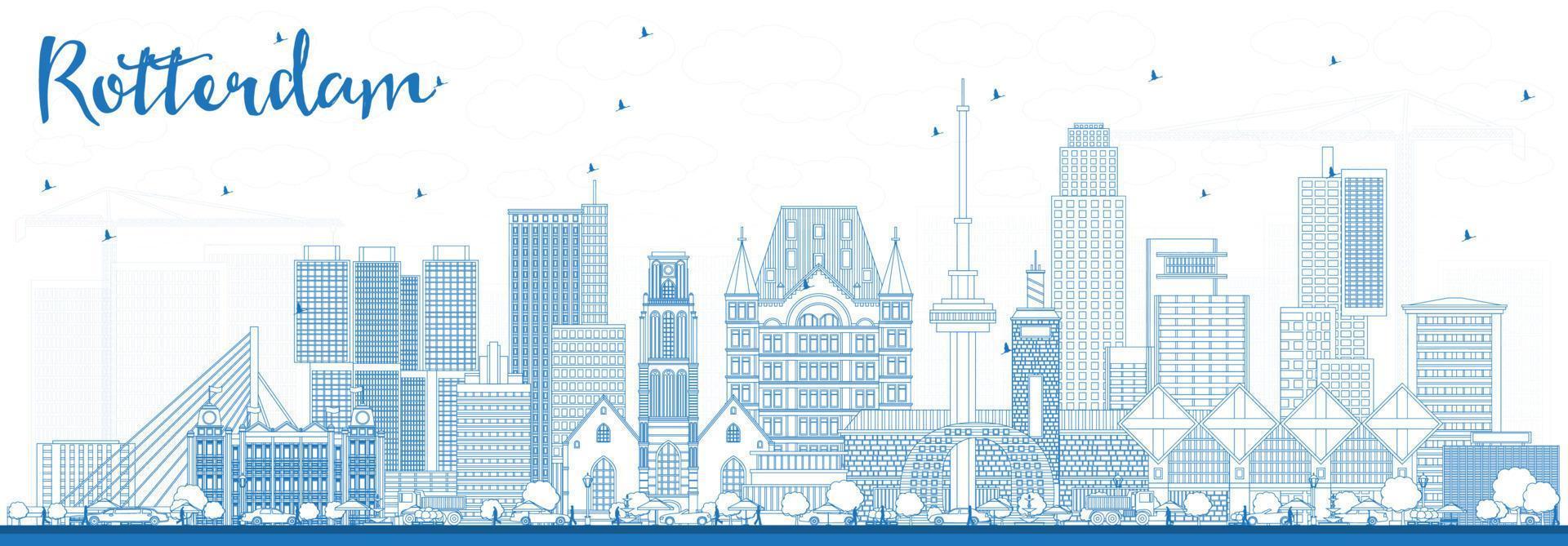 delinear el horizonte de rotterdam holanda con edificios azules. vector