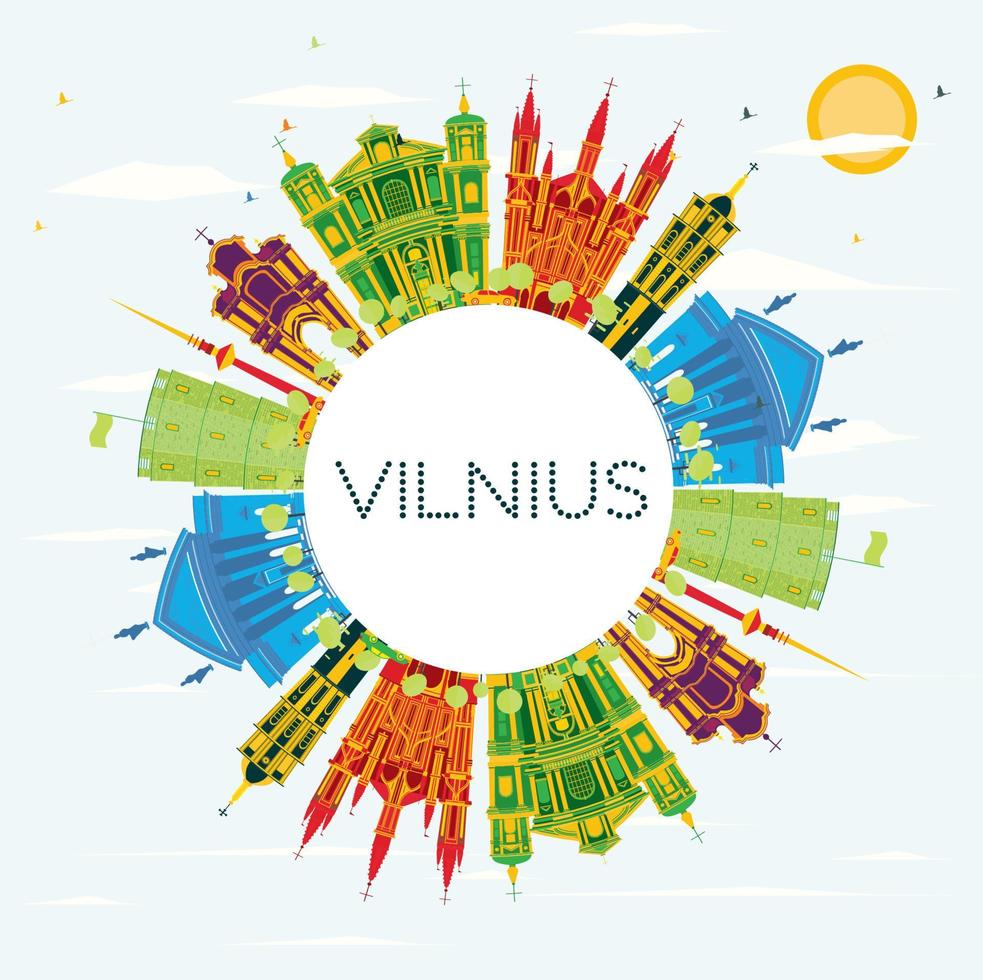 horizonte de vilnius con edificios de color, cielo azul y espacio para copiar. vector