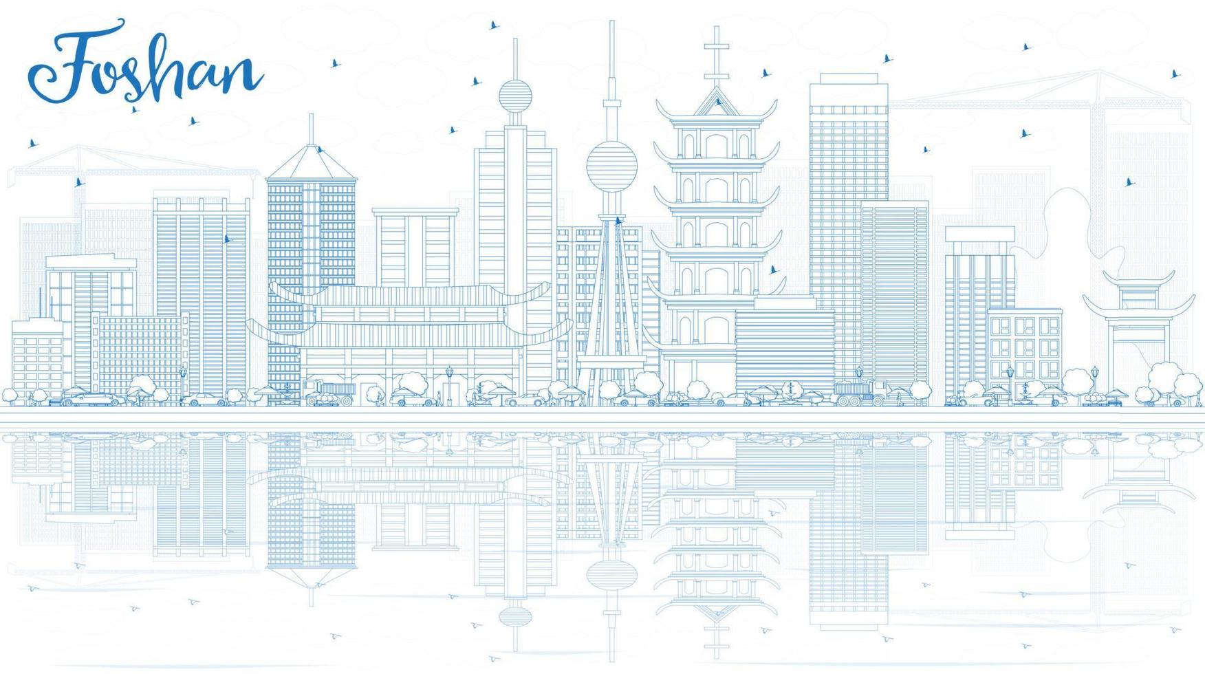 Outline Foshan Skyline with Blue Buildings and Reflections. vector