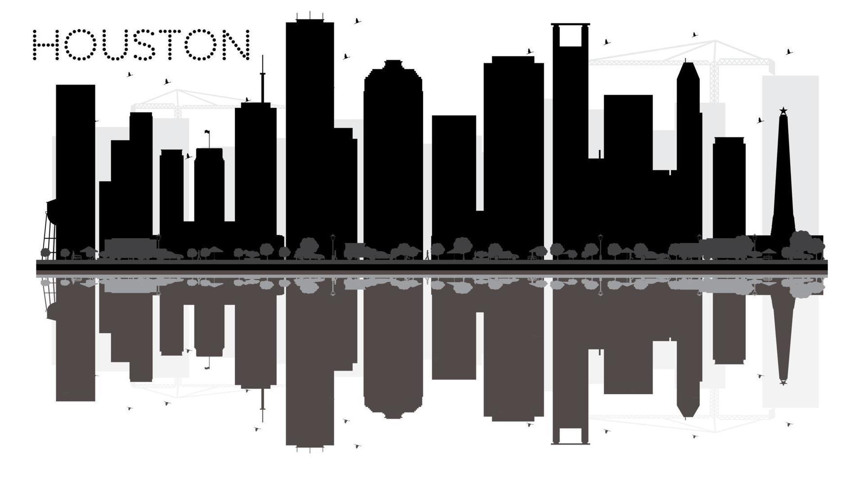 silueta en blanco y negro del horizonte de la ciudad de houston con reflejos. vector