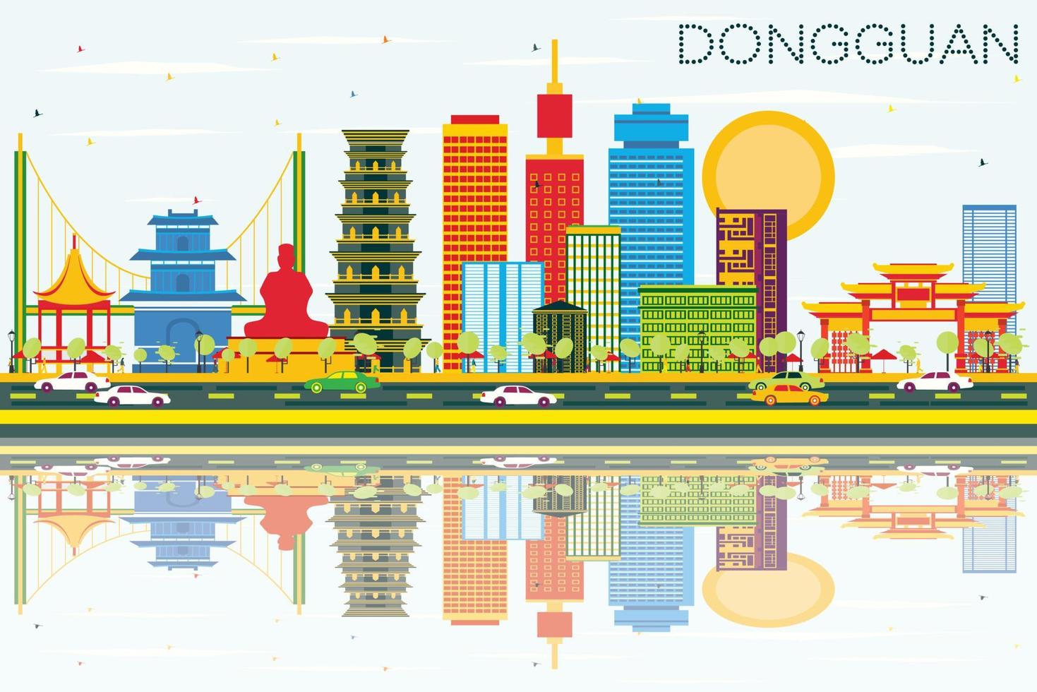 Dongguan Skyline with Color Buildings, Blue Sky and Reflections. vector