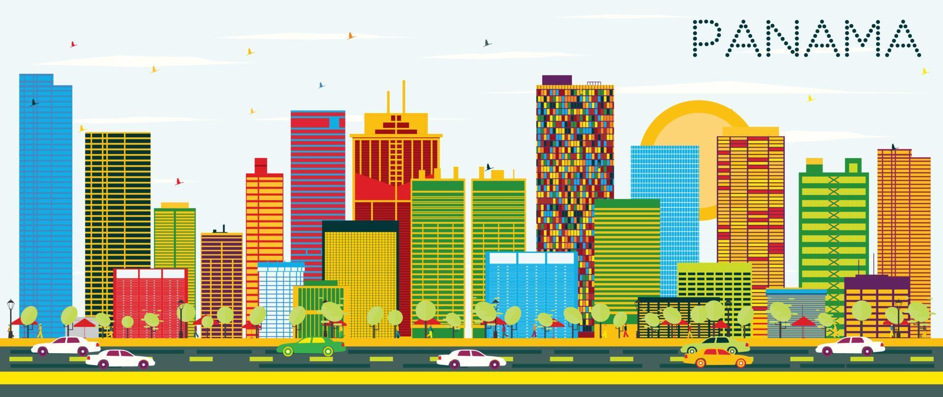 Panama Skyline with Color Buildings and Blue Sky. vector