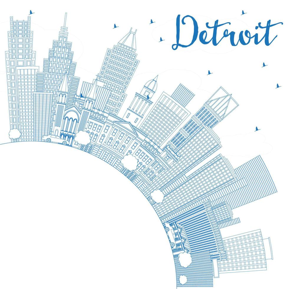 Outline Detroit Michigan USA City Skyline with Blue Buildings and Copy Space. vector