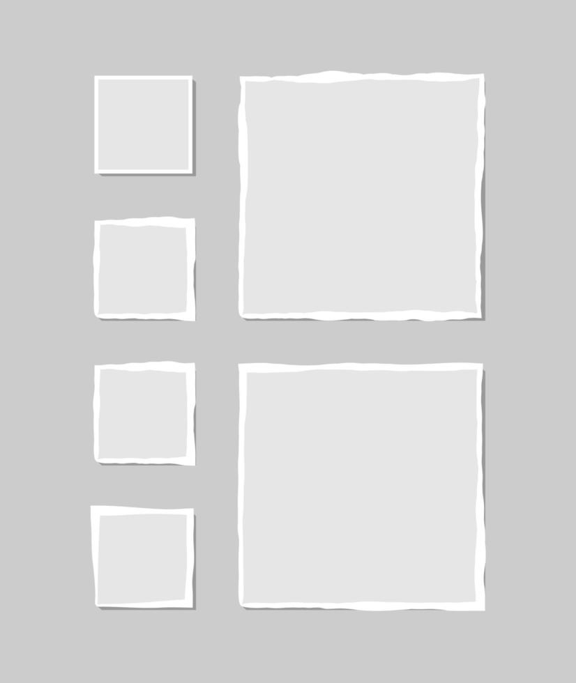Set of torn white note. Scraps of torn paper of various shapes isolated on gray background. Vector illustration.