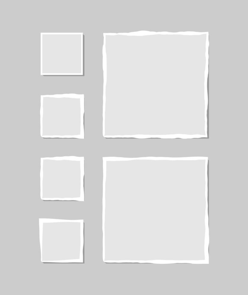 Set of torn white note. Scraps of torn paper of various shapes isolated on gray background. Vector illustration.