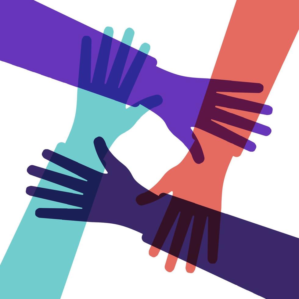 Hands of diverse group of people putting together. Cooperation, togetherness, partnership, agreement, teamwork, vector